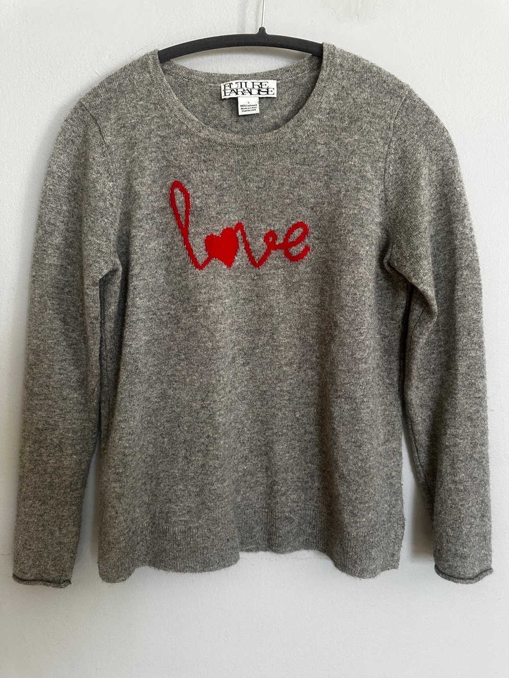 Future Paradise 100% Grey Cashmere sweater with red LOVE lettering size S